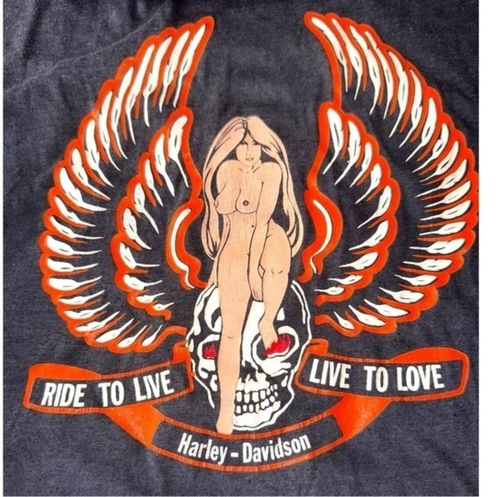 🔥 HARLEY- DAVIDSON 🔥 Vintage Nude Women Skull 70’s 80’s T-Shirt Hanes  L42- 44